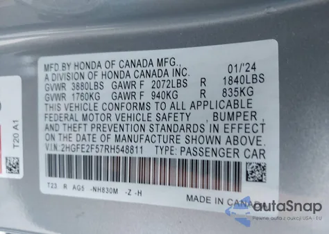 2024 Honda Civic Sport from USA, damaged, VIN 2HGFE2F57RH548811